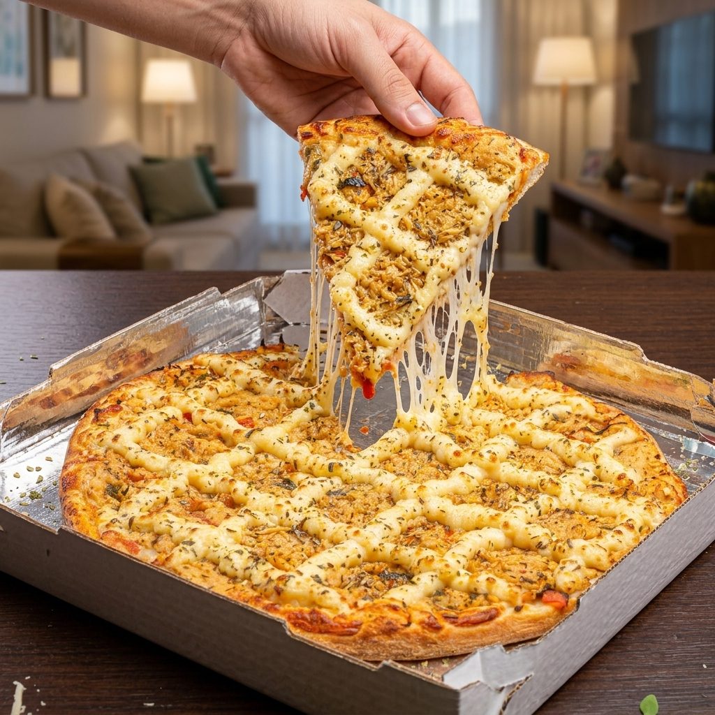 Caixa de pizza aberta em casa, fatia de frango com catupiry sendo levantada